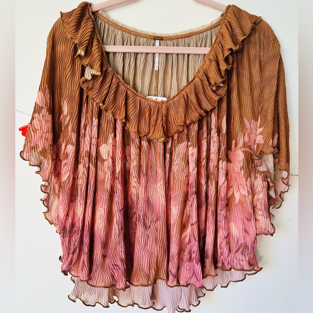 Free People Rust and Blush Floral Pleated V-Neck Top - Picture 6 of 8